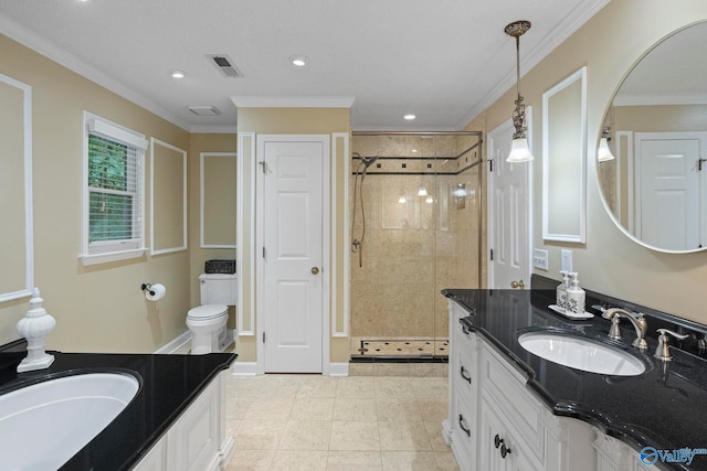 7925 Smoke Rise Rd SE, Huntsville, AL 35802 - full bathroom featuring vanity, a stall shower, crown molding, recessed lighting, and tile patterned flooring