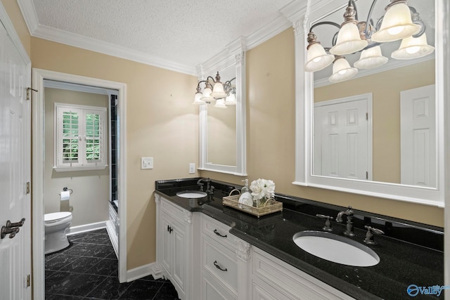 7925 Smoke Rise Rd SE, Huntsville, AL 35802 - bathroom featuring double vanity, a chandelier, a textured ceiling, crown molding, and  shower combination
