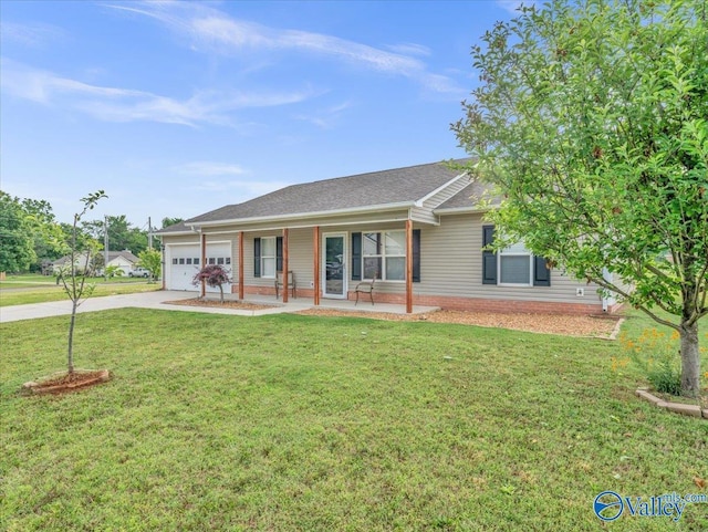 323 Earnhardt Dr, New Market, AL 35761 - ranch-style house with driveway, a garage, a front yard, and roof with shingles