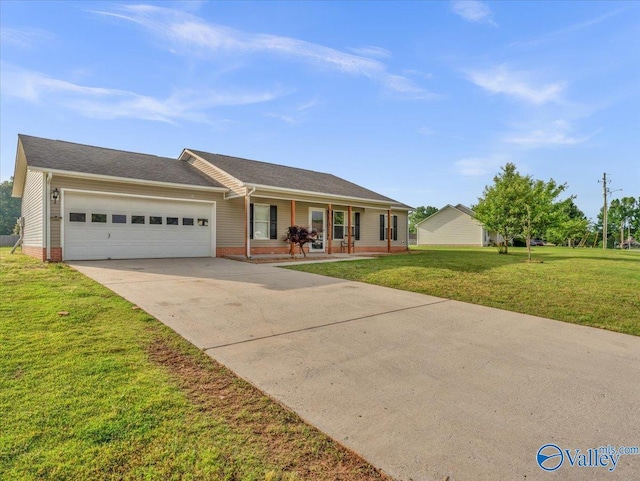 323 Earnhardt Dr, New Market, AL 35761 - ranch-style house with a garage, covered porch, concrete driveway, and a front lawn