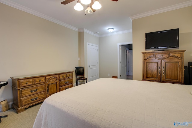 bedroom with a ceiling fan, crown molding, light colored carpet, and baseboards