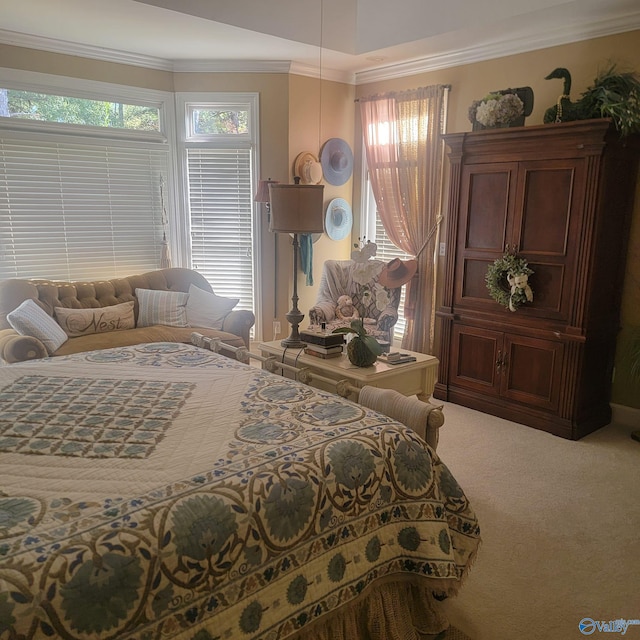 carpeted bedroom with ornamental molding