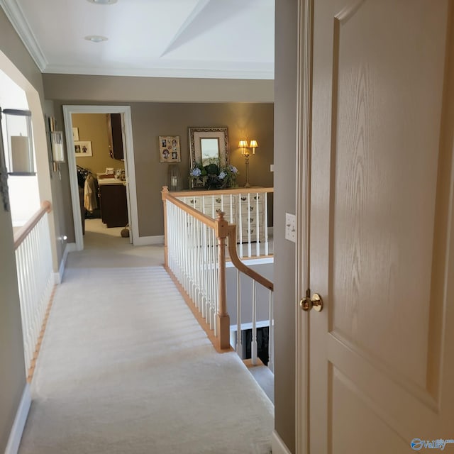 hallway with light carpet and crown molding