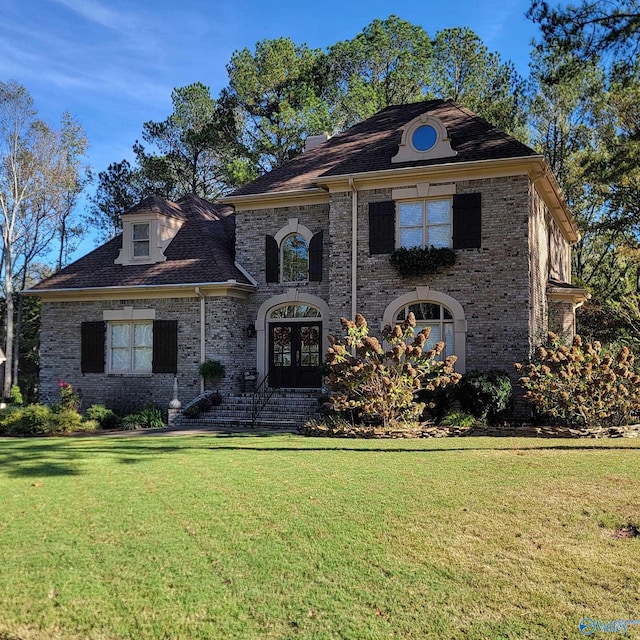 french country home with a front yard and french doors