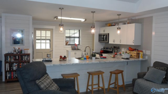 kitchen featuring a sink, dark wood-style floors, stainless steel appliances, a peninsula, and white cabinets