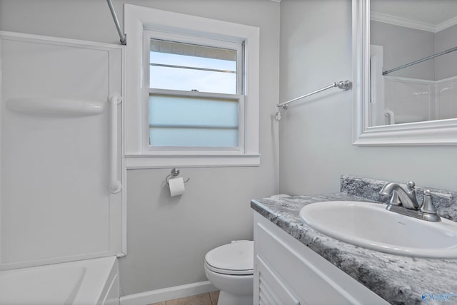 full bathroom featuring vanity, crown molding, washtub / shower combination, toilet, and tile patterned floors