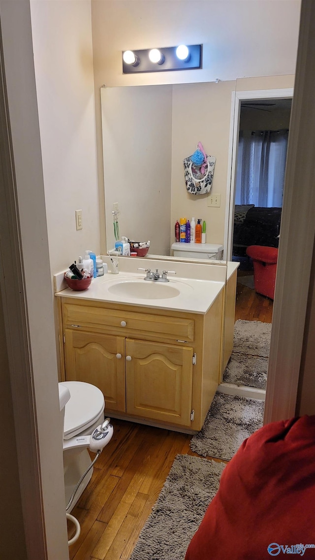 half bathroom with toilet, wood finished floors, and vanity