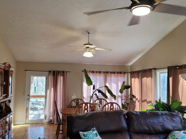 living room with ceiling fan, vaulted ceiling, a textured ceiling, and wood finished floors