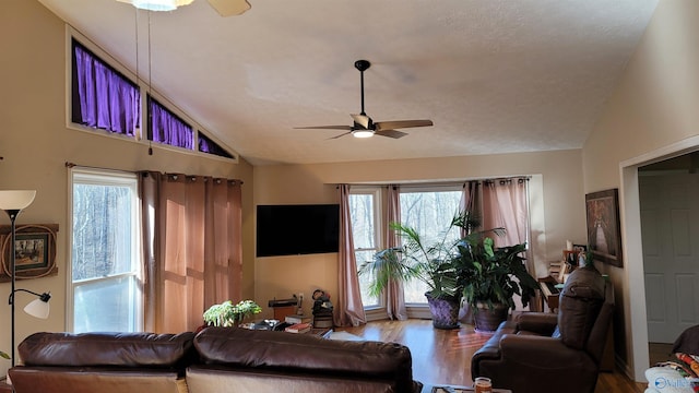 living area featuring vaulted ceiling, ceiling fan, and a wealth of natural light