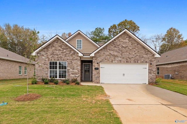 craftsman-style home with a garage, central AC, and a front lawn