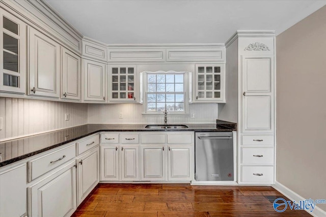 kitchen with white cabinetry, dishwasher, sink, and dark hardwood / wood-style flooring