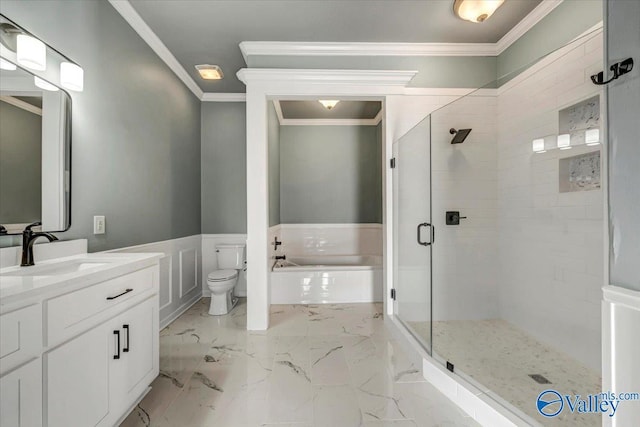 full bathroom featuring crown molding, vanity, toilet, and shower with separate bathtub