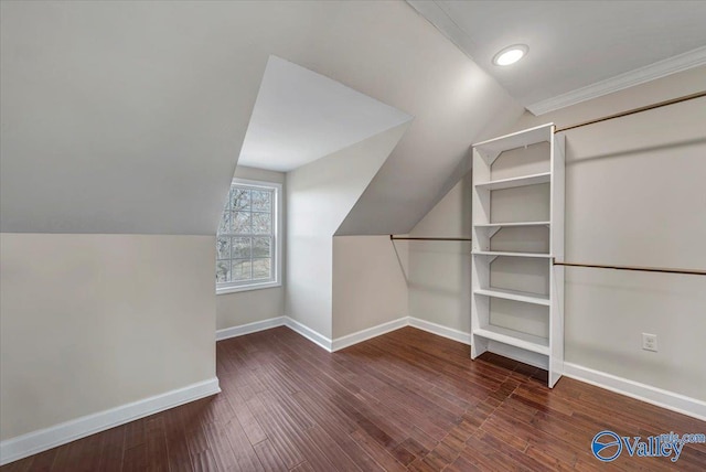 walk in closet featuring vaulted ceiling and dark wood-type flooring