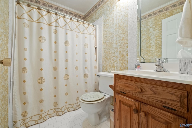 bathroom featuring tile patterned flooring, toilet, crown molding, vanity, and wallpapered walls