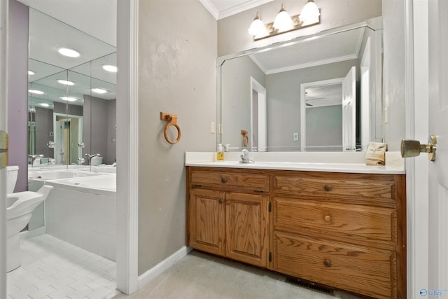 full bathroom featuring visible vents, ornamental molding, vanity, and baseboards