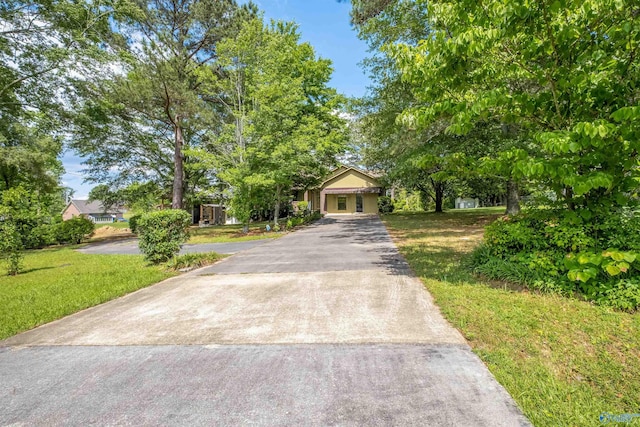 view of property hidden behind natural elements featuring driveway and a front yard