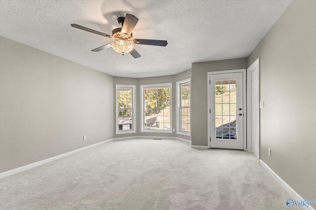 unfurnished room with a textured ceiling, a wealth of natural light, and light colored carpet