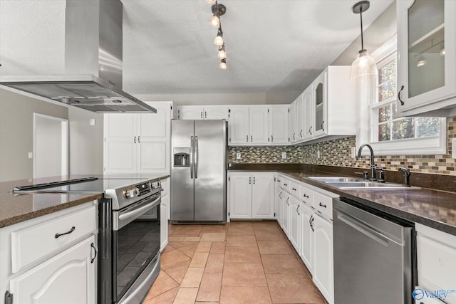 kitchen with white cabinets, light tile patterned flooring, sink, stainless steel appliances, and ventilation hood