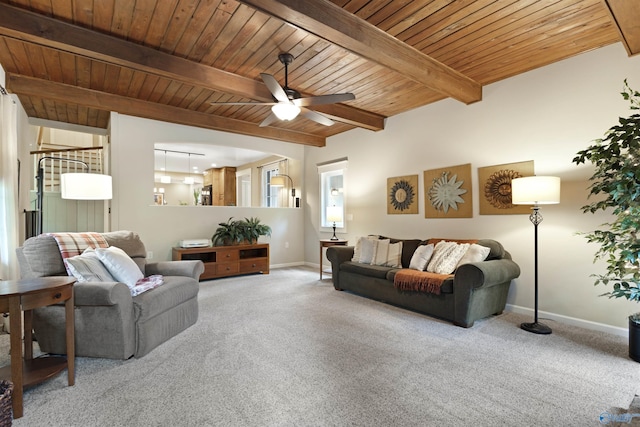 2015 Chapel Hill Rd SW, Decatur, AL 35603 - carpeted living room with wood ceiling, baseboards, ceiling fan, and beamed ceiling