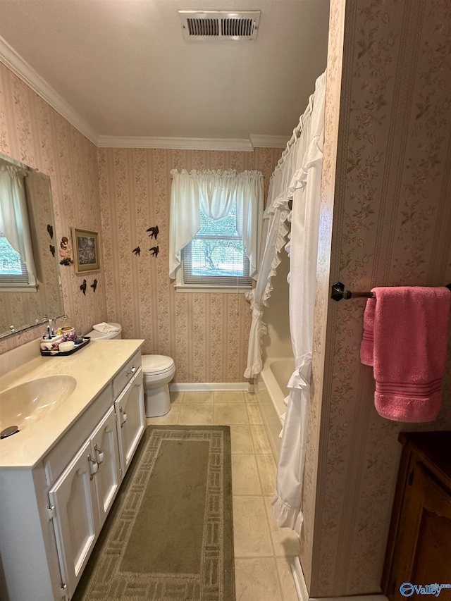 full bathroom with vanity, crown molding, toilet, and tile patterned flooring