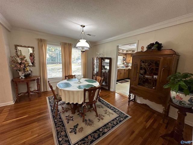 dining space featuring ornamental molding, a textured ceiling, and dark wood-type flooring