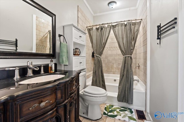 full bathroom featuring shower / bath combination with curtain, vanity, crown molding, tile patterned floors, and toilet