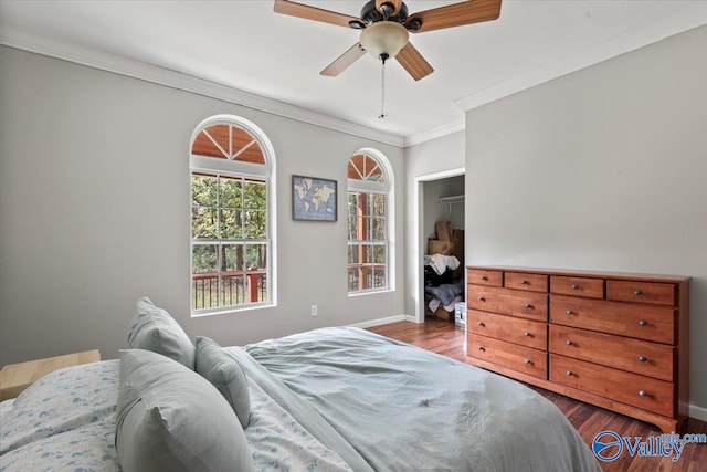 bedroom with ornamental molding, a closet, hardwood / wood-style floors, and ceiling fan