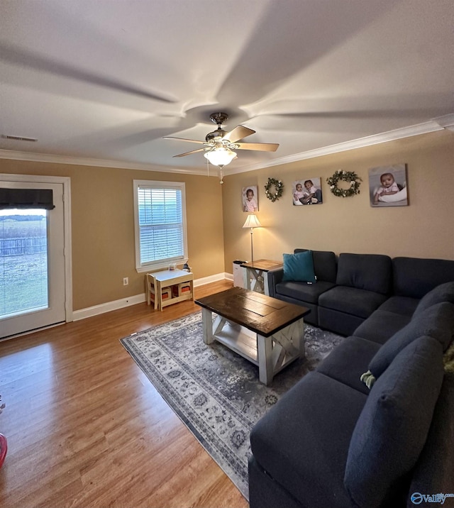 living room with ceiling fan, wood-type flooring, and ornamental molding