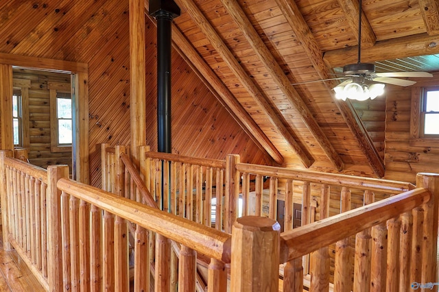 room details with beamed ceiling, ceiling fan, log walls, and wood ceiling