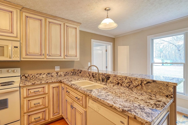 kitchen featuring sink, crown molding, decorative light fixtures, kitchen peninsula, and white appliances