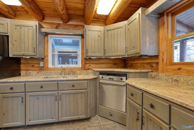 kitchen featuring light stone countertops, sink, wooden ceiling, and beam ceiling