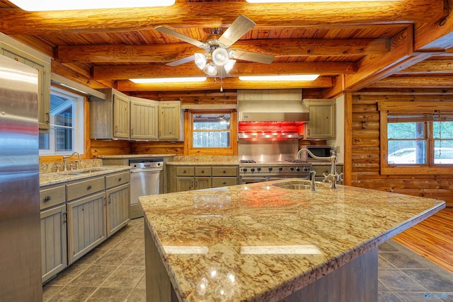 kitchen featuring sink, a center island with sink, wooden ceiling, and wall chimney exhaust hood