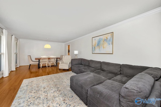 living room featuring crown molding and hardwood / wood-style floors