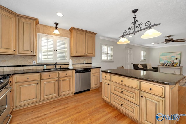 kitchen featuring sink, light hardwood / wood-style flooring, appliances with stainless steel finishes, ornamental molding, and decorative light fixtures