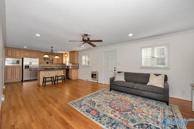 living room with crown molding, heating unit, a textured ceiling, and light hardwood / wood-style flooring