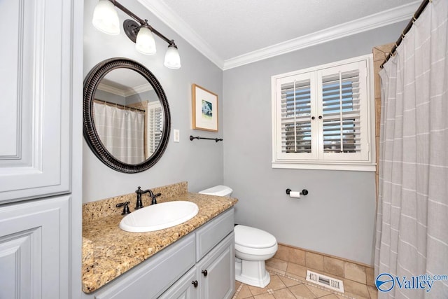 bathroom featuring tile patterned floors, ornamental molding, toilet, and vanity