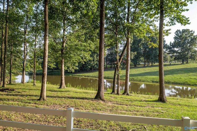 view of community featuring a water view and a yard