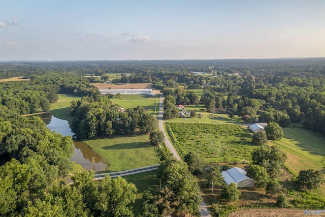 drone / aerial view featuring a water view and a rural view