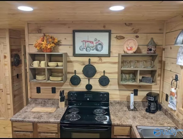 kitchen featuring stone countertops, black range with electric stovetop, and wooden ceiling