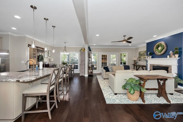 living room featuring a fireplace, ornamental molding, dark wood-style flooring, and recessed lighting