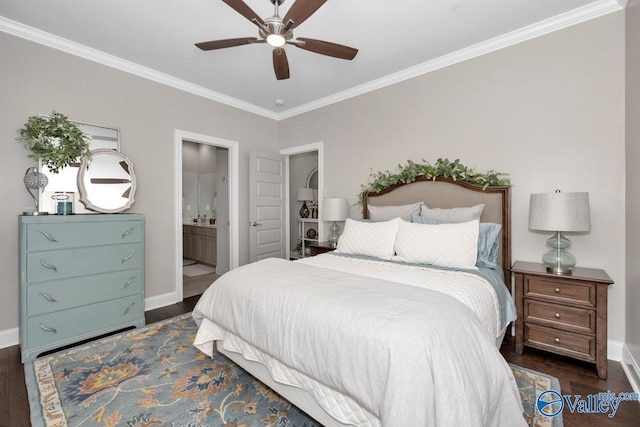 bedroom with crown molding, baseboards, and wood finished floors