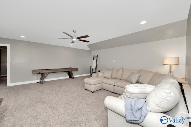 living room with carpet, baseboards, and recessed lighting