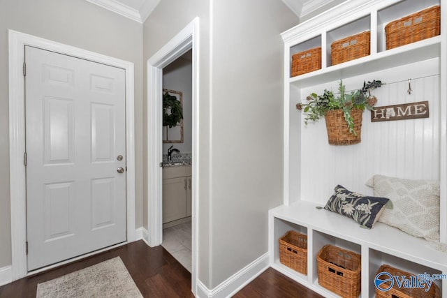 mudroom with dark wood-style floors, baseboards, a sink, and crown molding