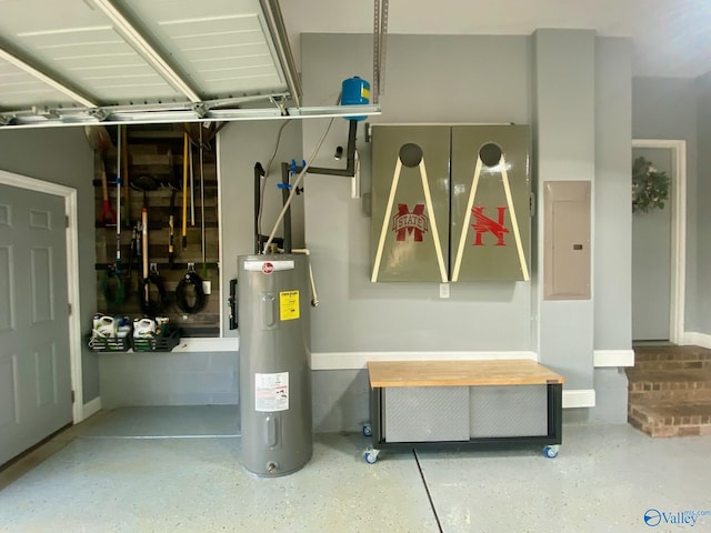 garage with electric panel and electric water heater