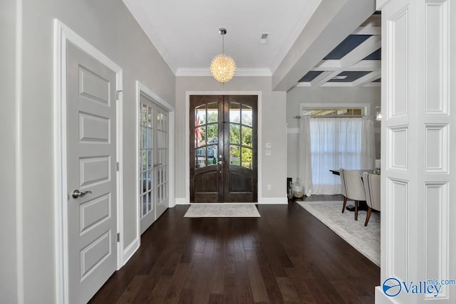 entryway featuring dark wood-style floors, french doors, beam ceiling, an inviting chandelier, and baseboards