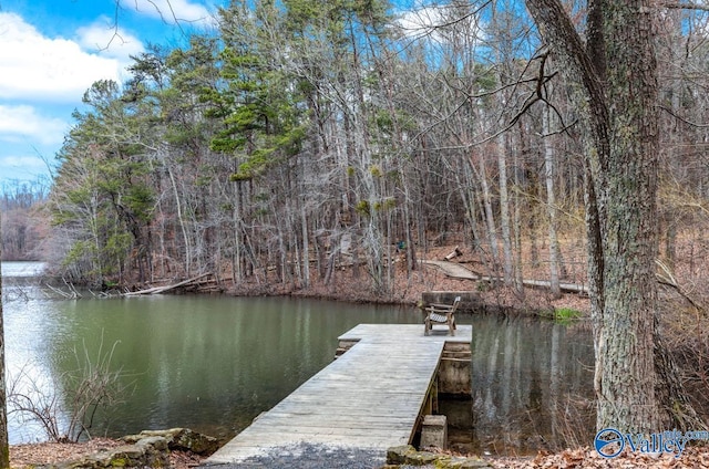 view of dock with a water view and a view of trees