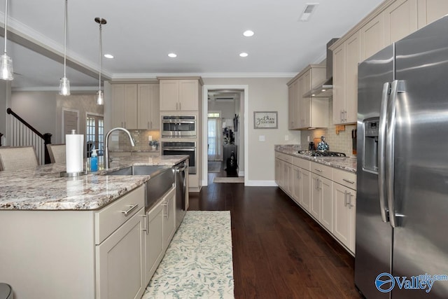 kitchen with tasteful backsplash, appliances with stainless steel finishes, dark wood-style flooring, crown molding, and a sink