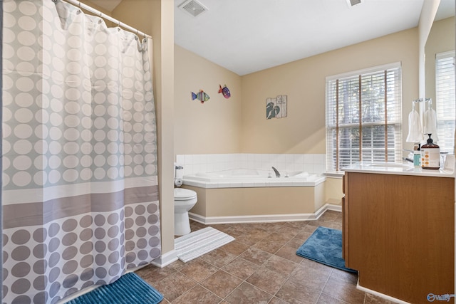 bathroom with visible vents, curtained shower, toilet, a bath, and vanity