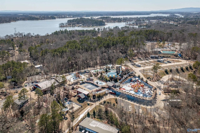 birds eye view of property featuring a water view and a wooded view