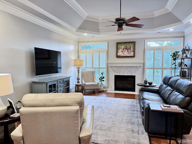 3205 Germantown Pl, Decatur, AL 35603 - living room with plenty of natural light, crown molding, a ceiling fan, wood finished floors, and a raised ceiling